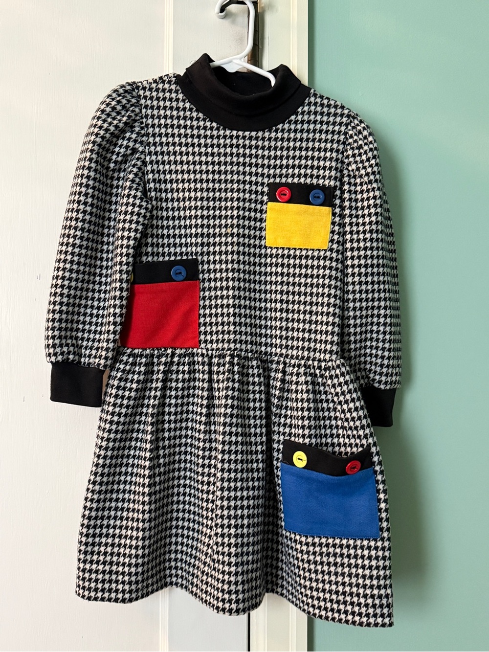 Vintage Girls Houndstooth Pocket Dress with Colorful Patches  by Sylvia White